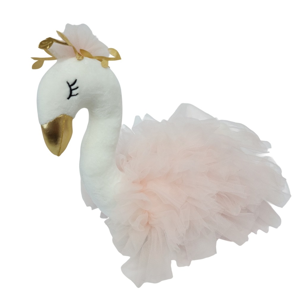 FAO Schwarz Swan Plush White Pink Tulle Tutu Gold Beak Crown Stuffed Animal Toy